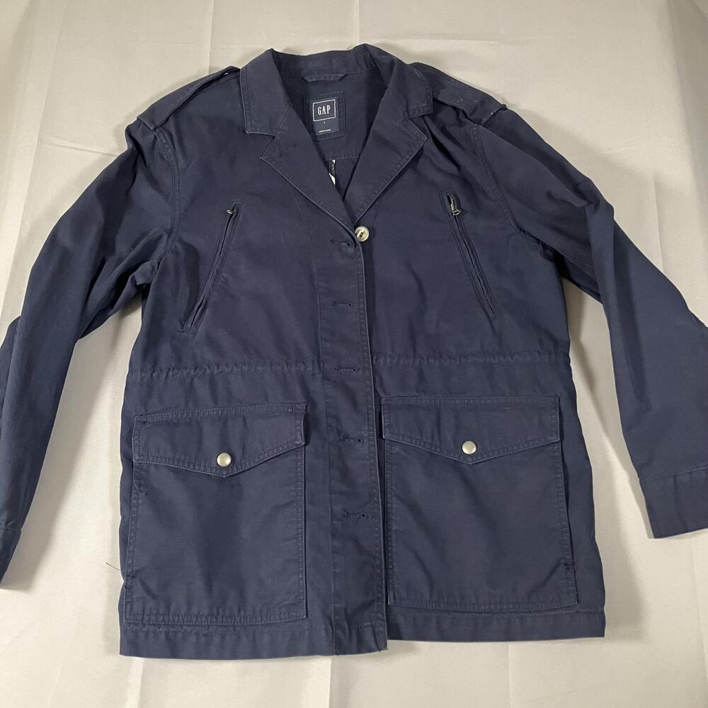 GAP Utility Jacket Womens Large Blue True Indigo Button Up Military Style Cotton - Picture 10 of 16